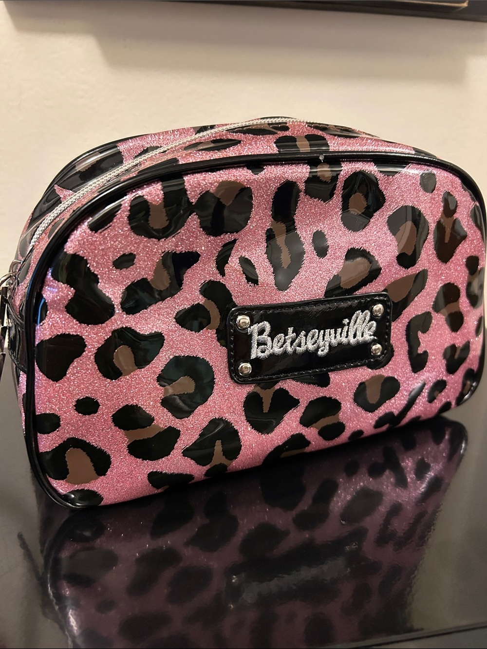Betsey Johnson Pink Leopard Glitter Kids Cosmetic Bag